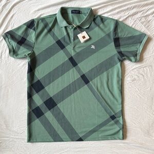 $1007 Burberry London Mens Polo Shirt 2XL XXL Green Checkered Plaid Short Sleeve